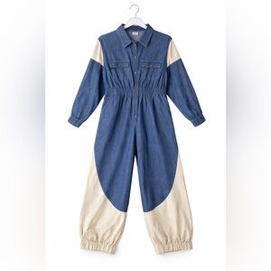 Loragal Denim Colorblock Balloon-Leg Jumpsuit 100% Cotton